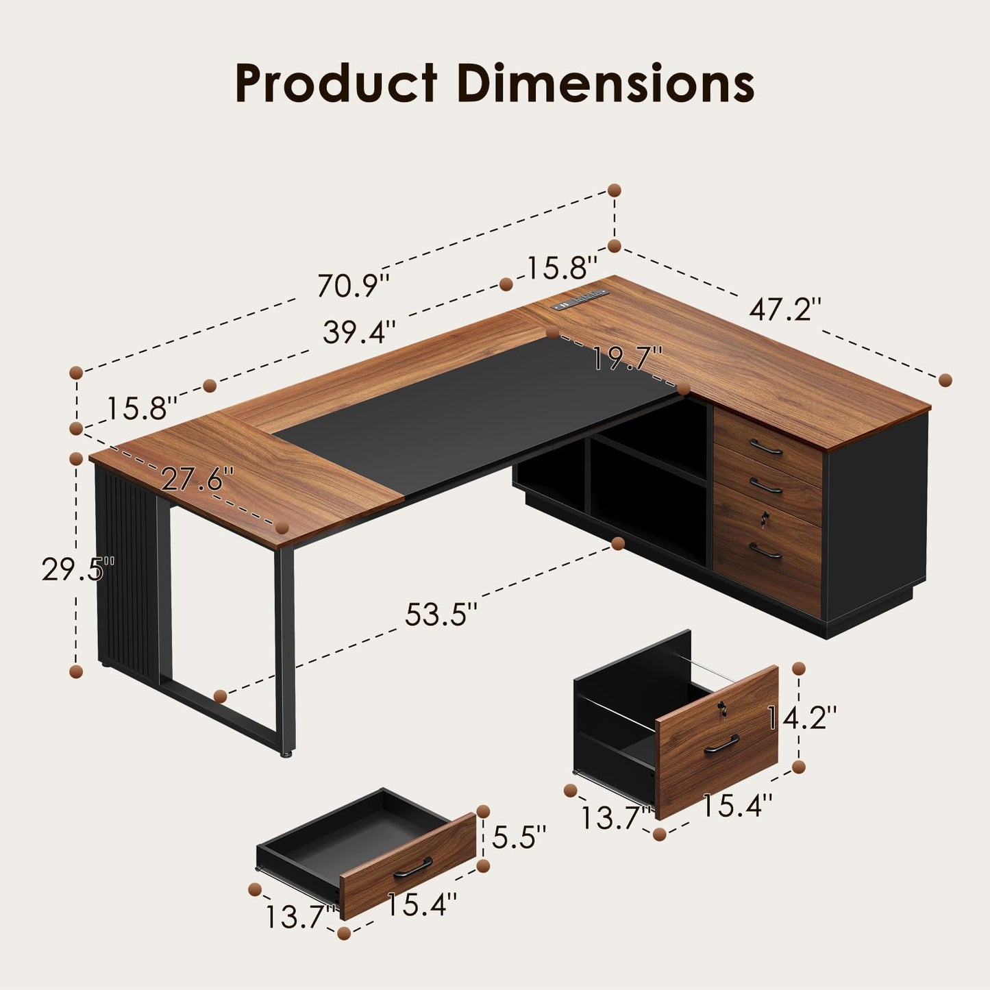 AODK 71 Inch L Shaped Executive Desk with Storage, Walnut+ Black
