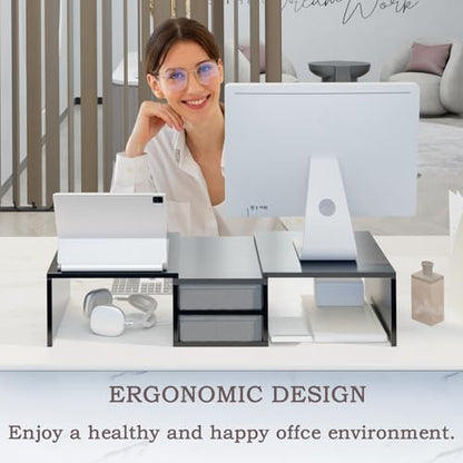 Dual Monitor Riser with Storage Drawers & Adjustable Design