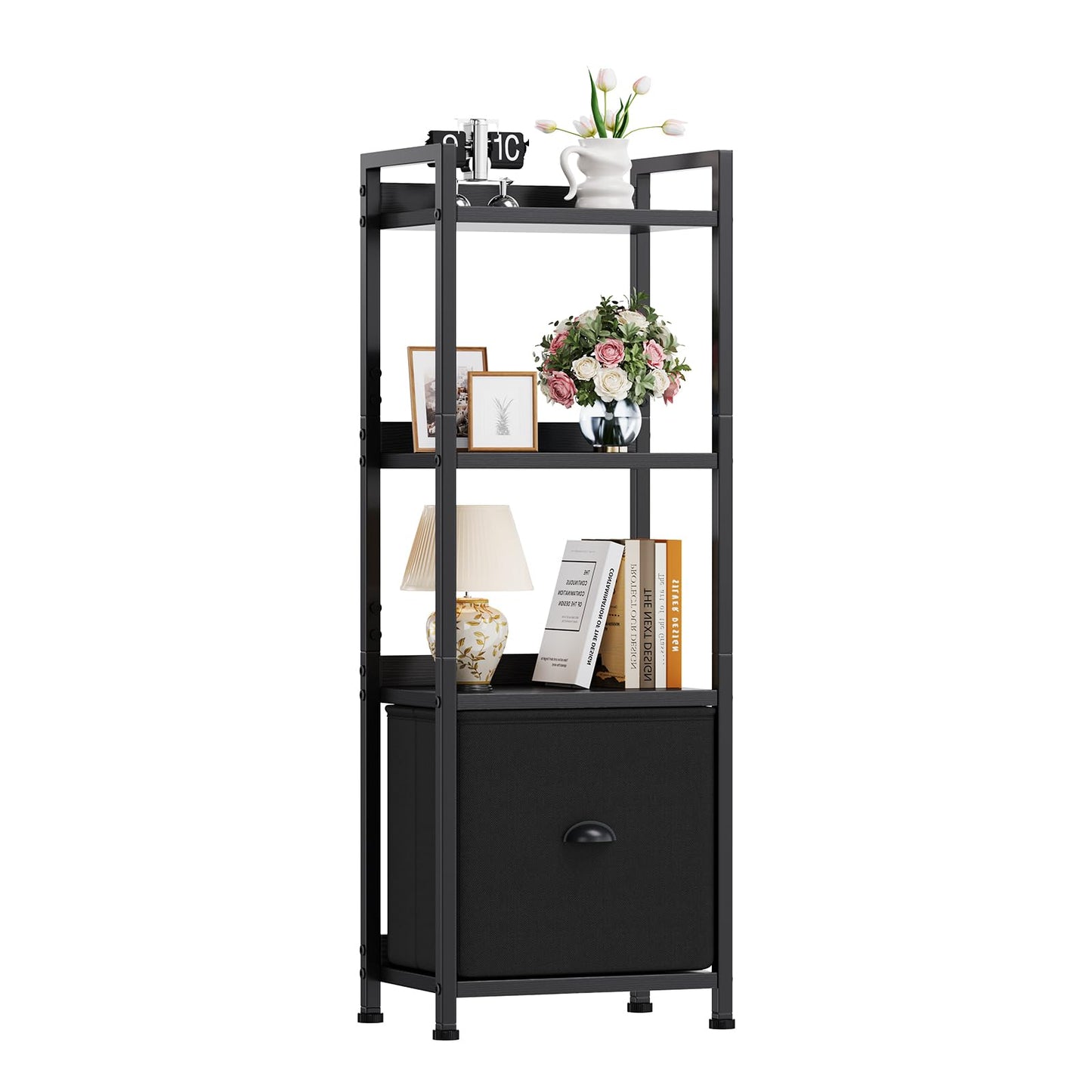 DUMOS 5 Tier Bookshelf with Fabric Drawer, Display Standing Shelf, Black