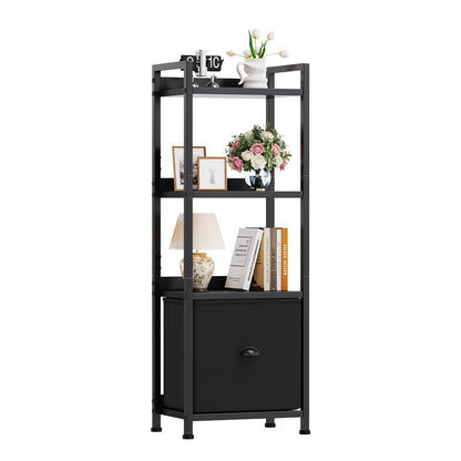 DUMOS 5 Tier Bookshelf with Fabric Drawer, Display Standing Shelf, Black