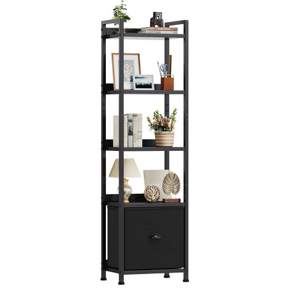DUMOS 5 Tier Bookshelf with Fabric Drawer, Display Standing Shelf, Black