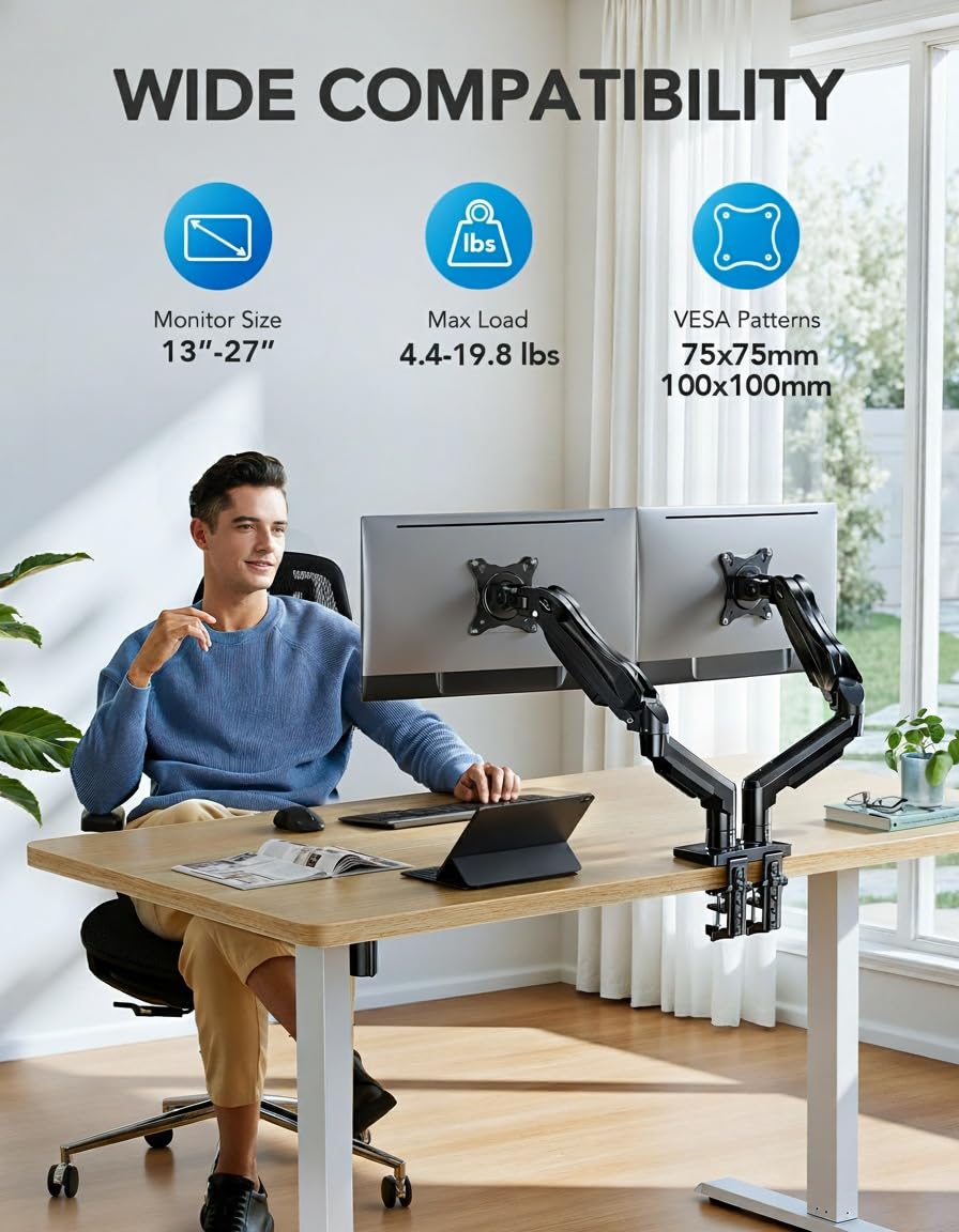 Dual Monitor Arm Mount with Adjustable VESA Desk Stand