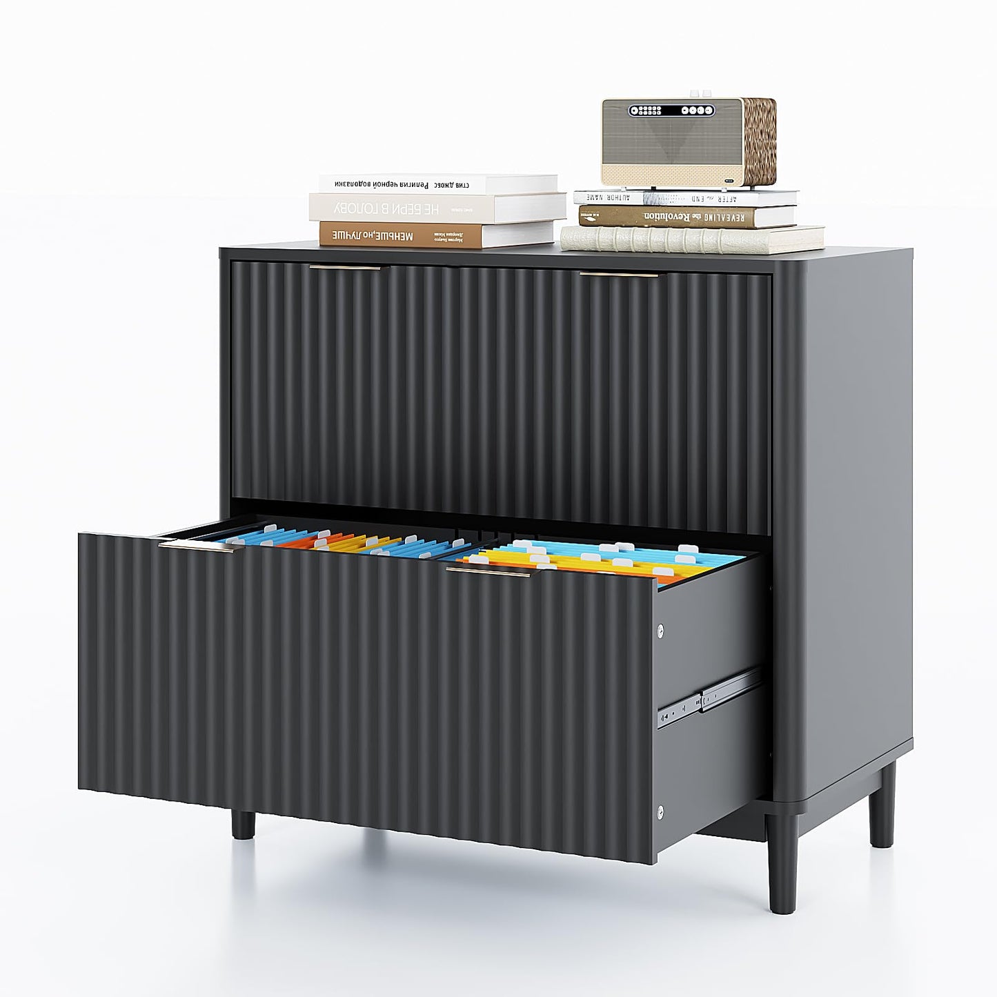 Modern Fluted File Cabinet with Lateral Storage Design