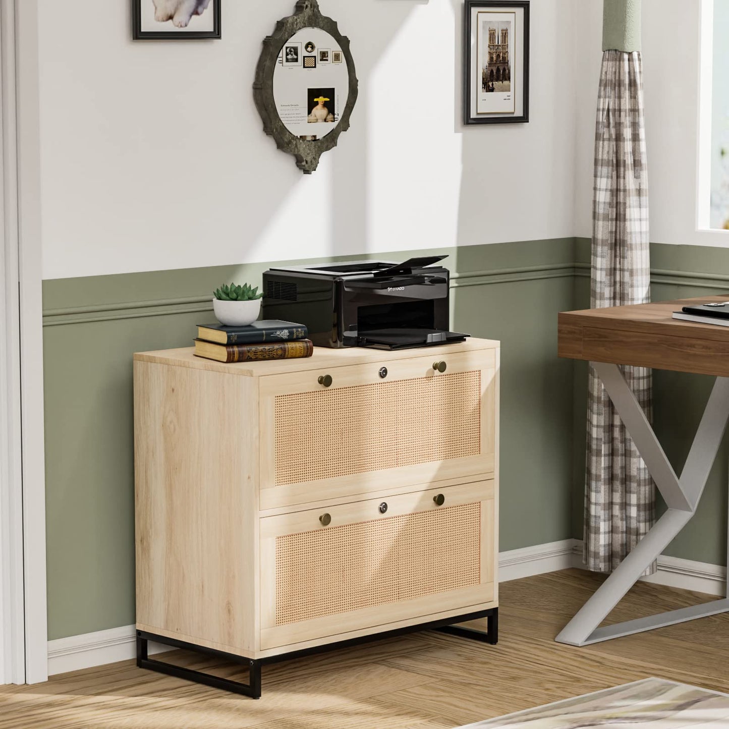 VINGLI Rattan 2 Drawer Lateral File Cabinet with Lock