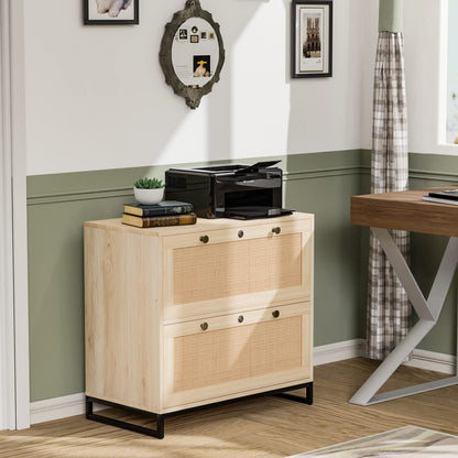 VINGLI Rattan 2 Drawer Lateral File Cabinet with Lock