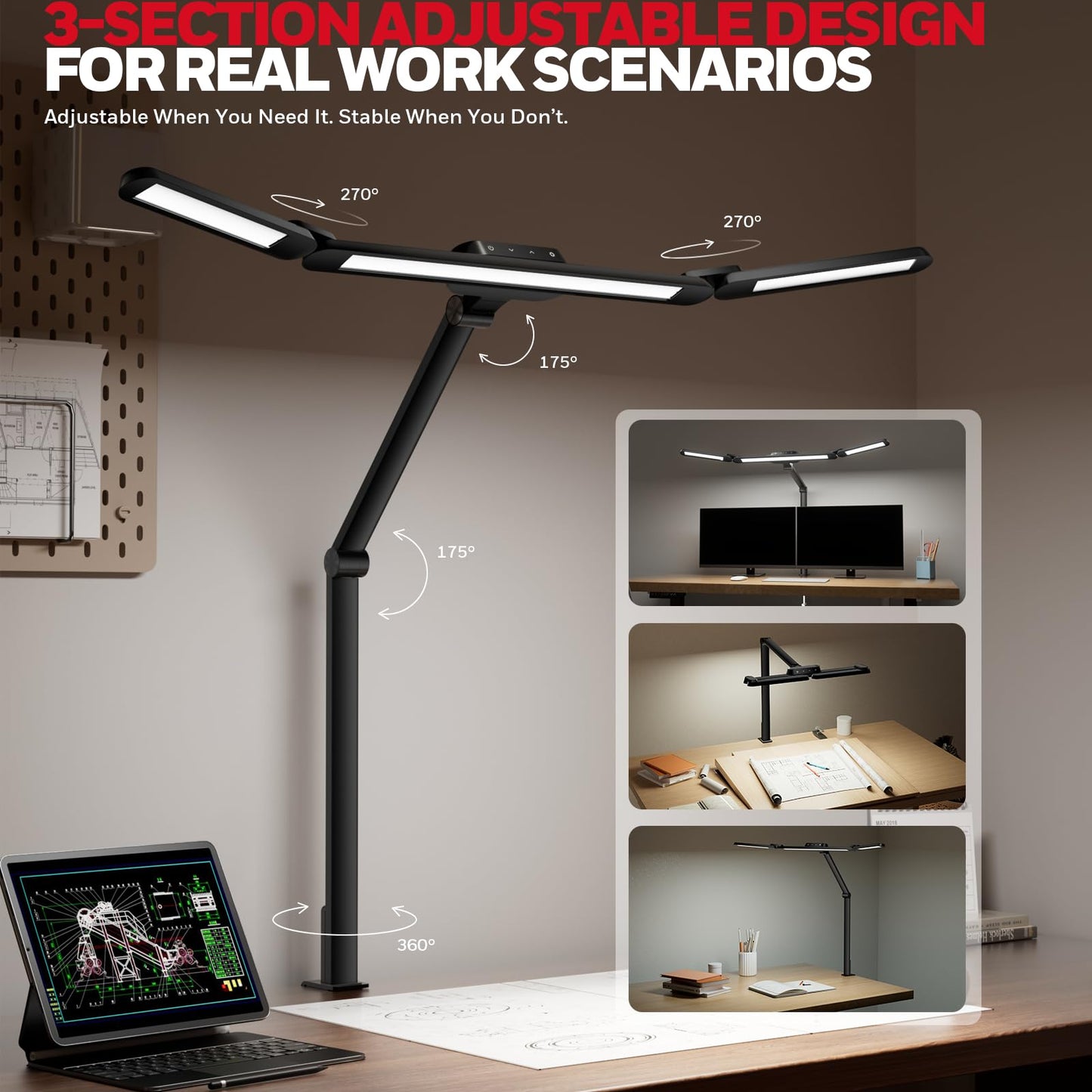 Wide LED Desk Lamp with Clamp Mount & Adjustable Lighting