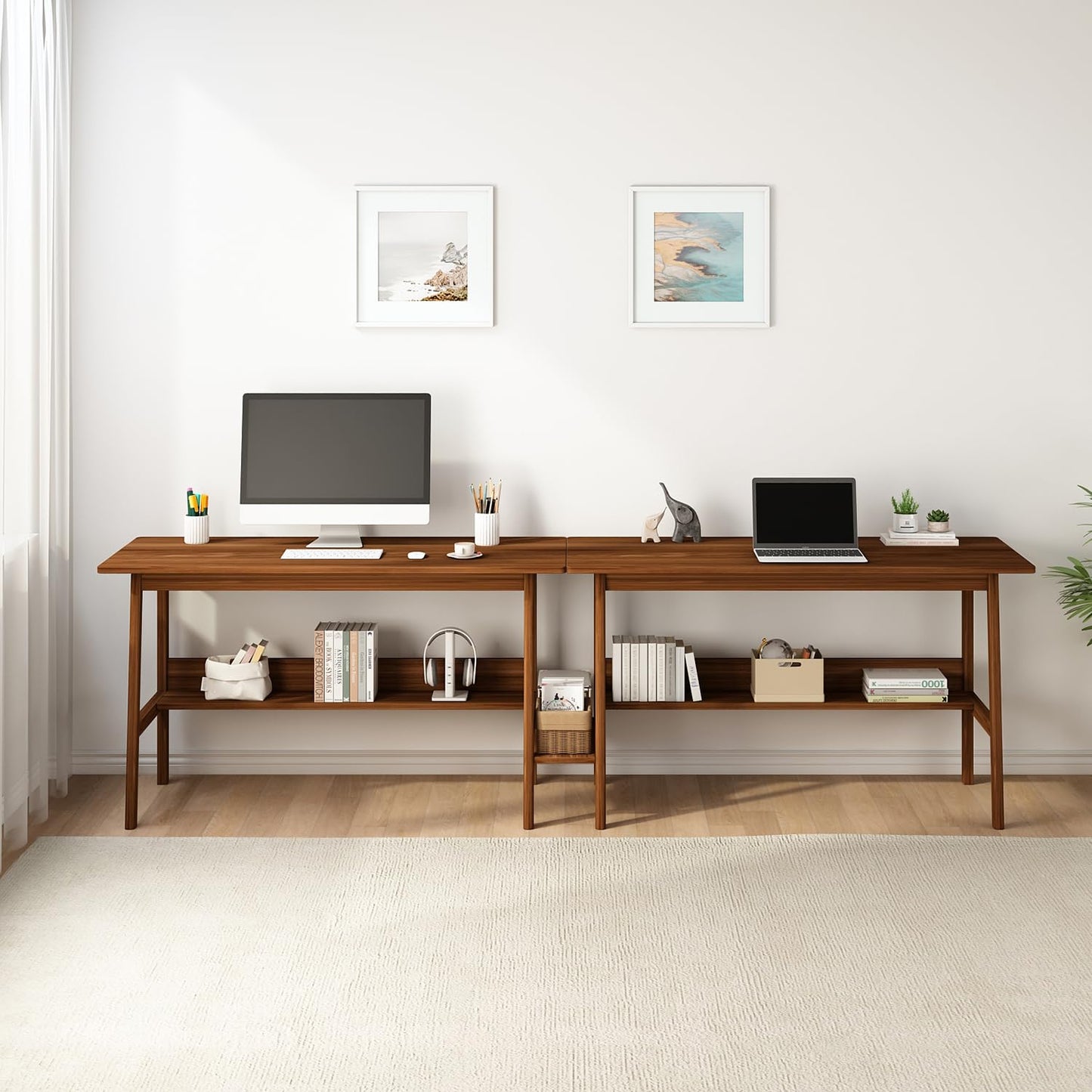 Long Office Desk with Storage Shelves for Dual Workstations