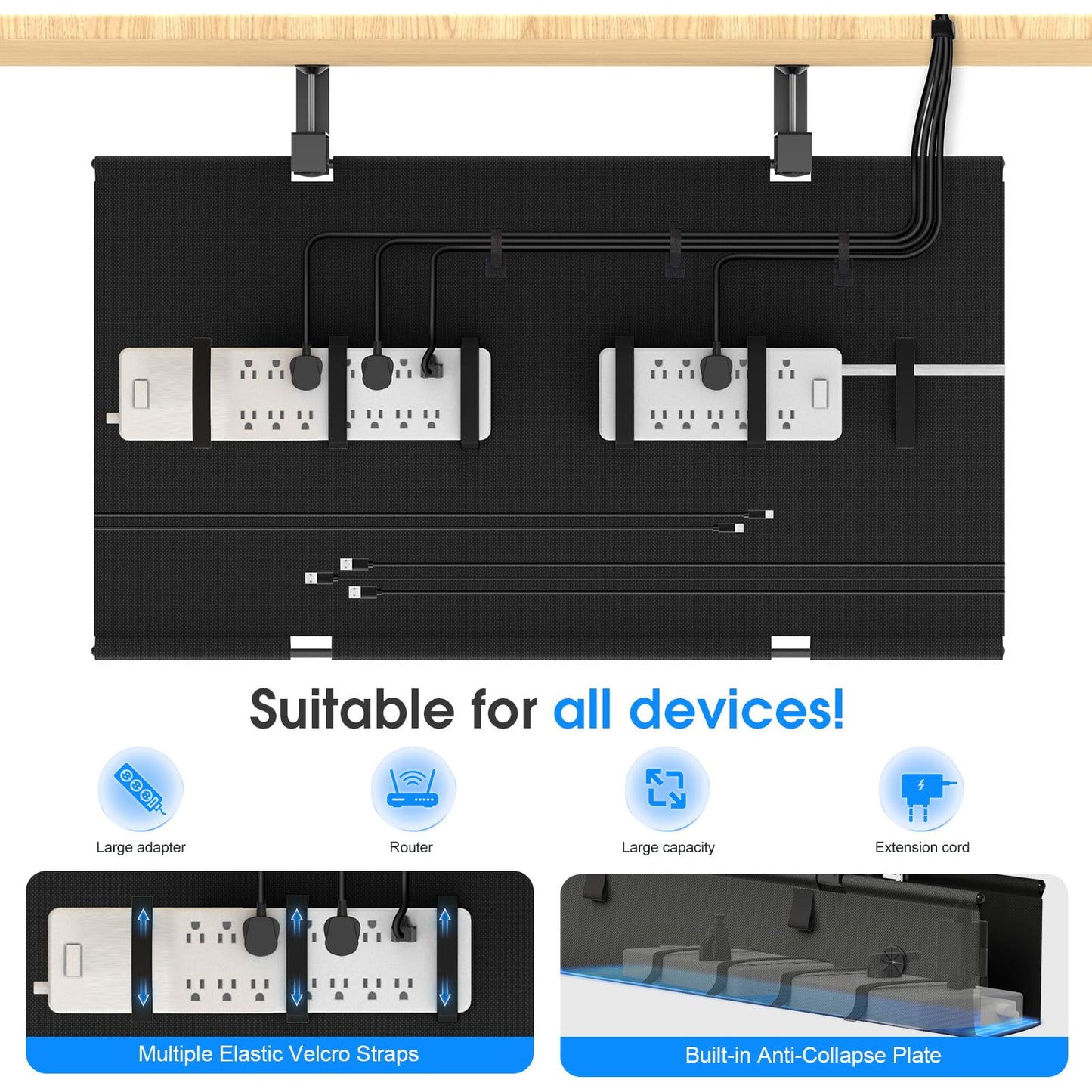 Under Desk Cable Management Tray with No-Drill Wire Organizer