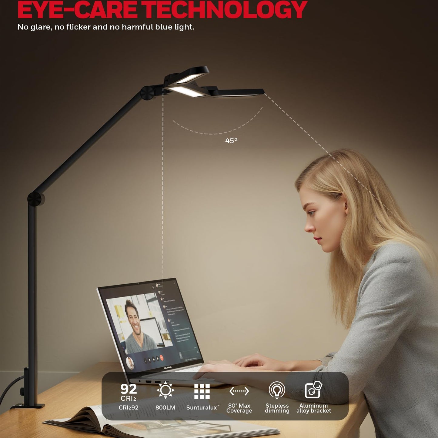 Wide LED Desk Lamp with Clamp Mount & Adjustable Lighting