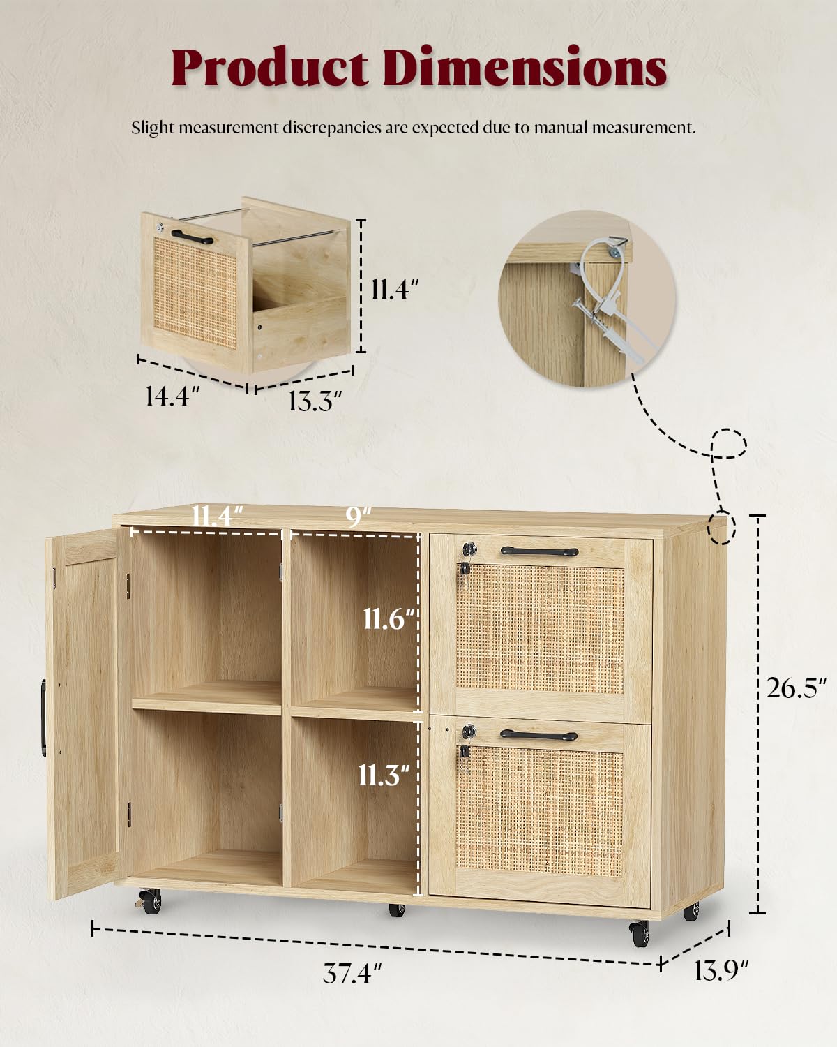 Drawer File Cabinet with Lock, Small Rattan Filing Cabinets with Wheels
