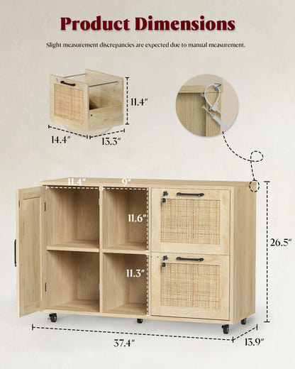 Drawer File Cabinet with Lock, Small Rattan Filing Cabinets with Wheels