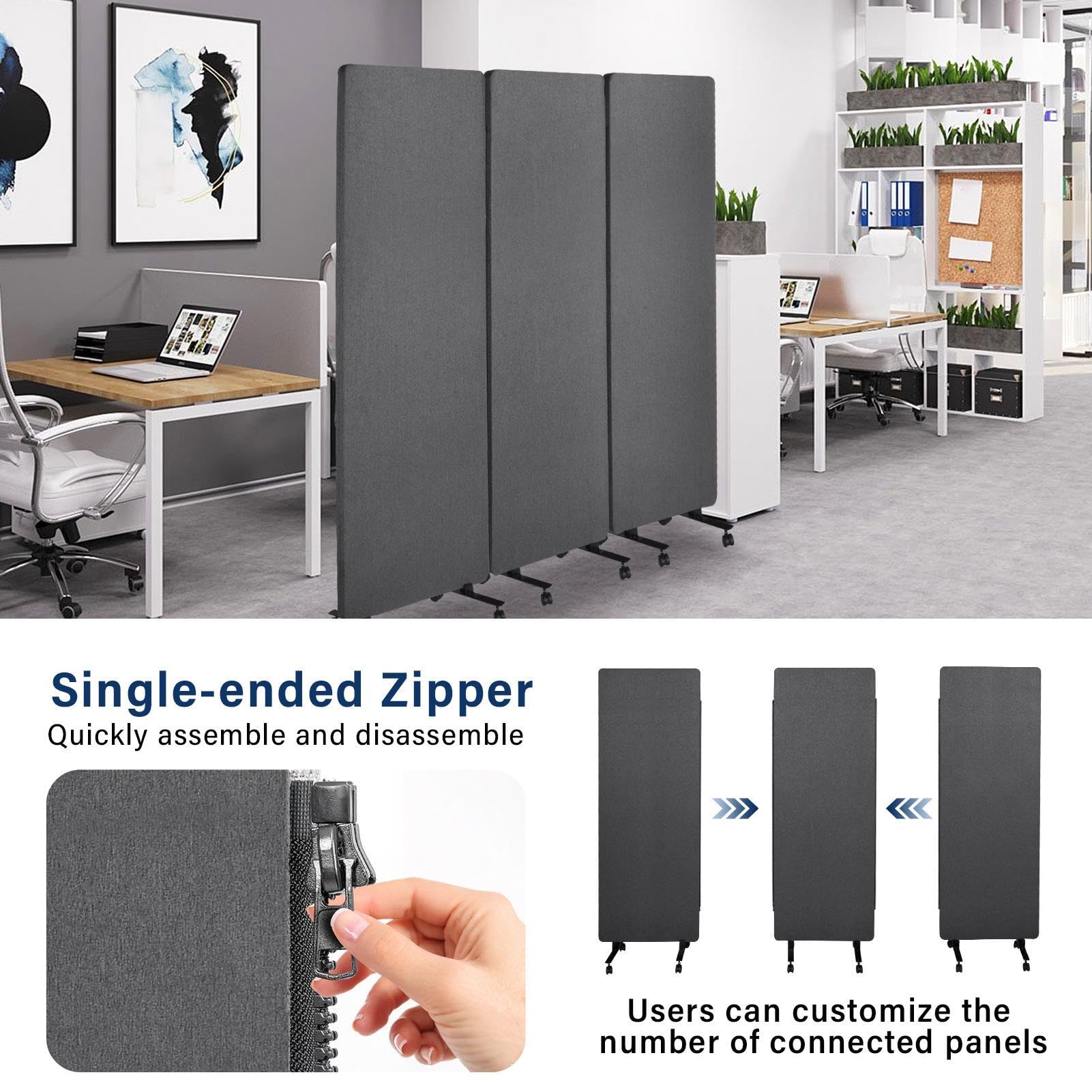 3-Panel Portable Office Partition,Mobile Acoustic Wall Divider with Wheels