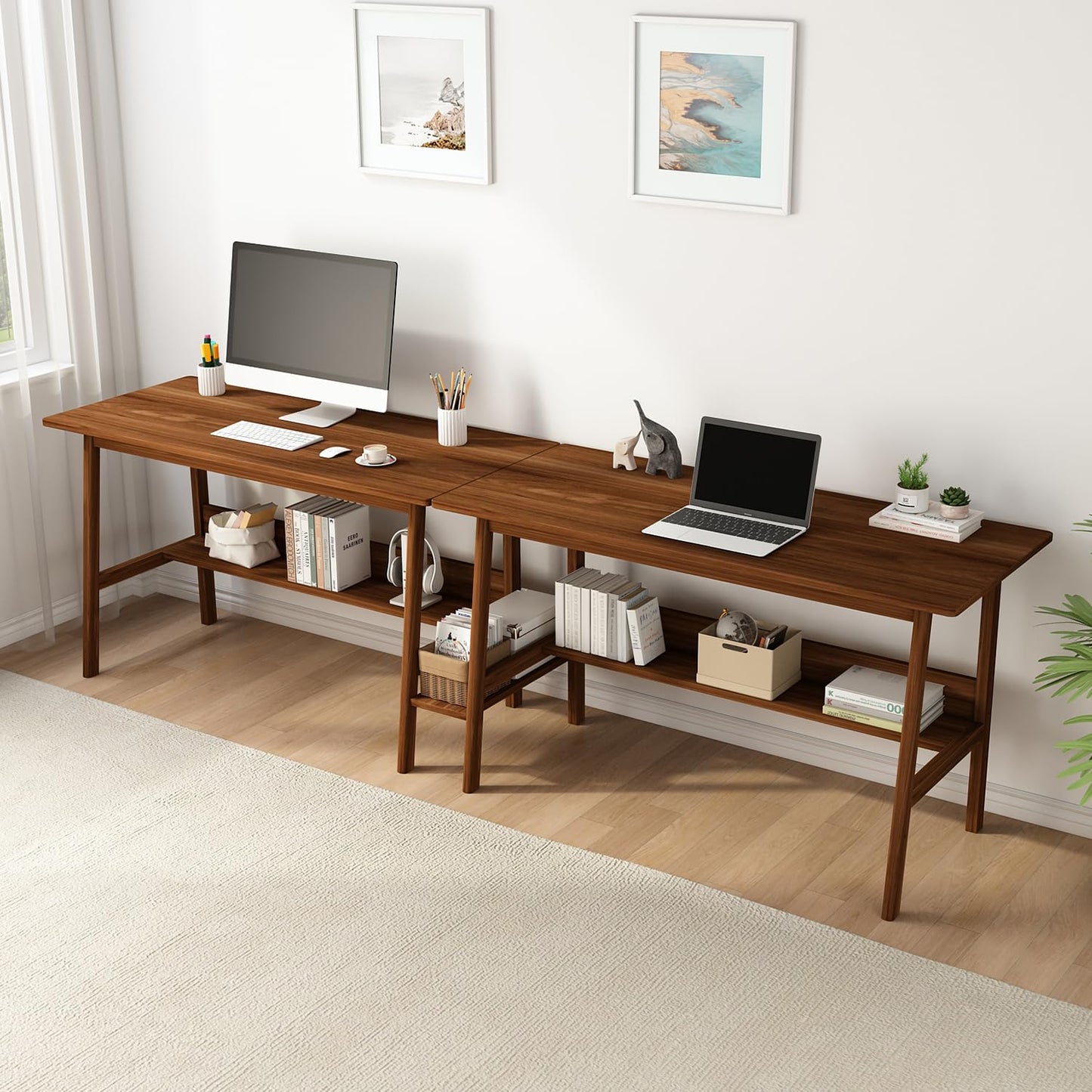 Long Office Desk with Storage Shelves for Dual Workstations
