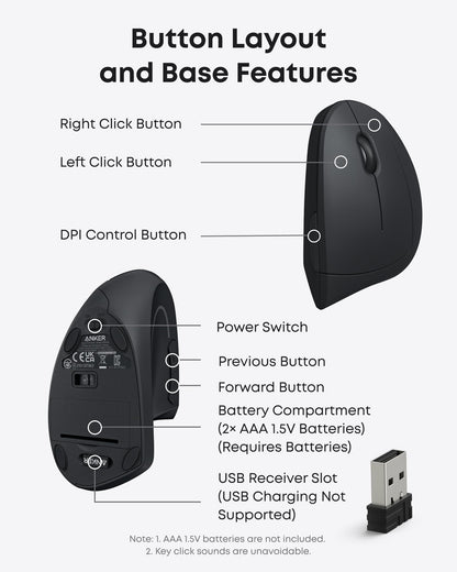 Anker 2.4G Wireless Ergonomic Mouse, Right Hand Vertical Mouse USB Receiver