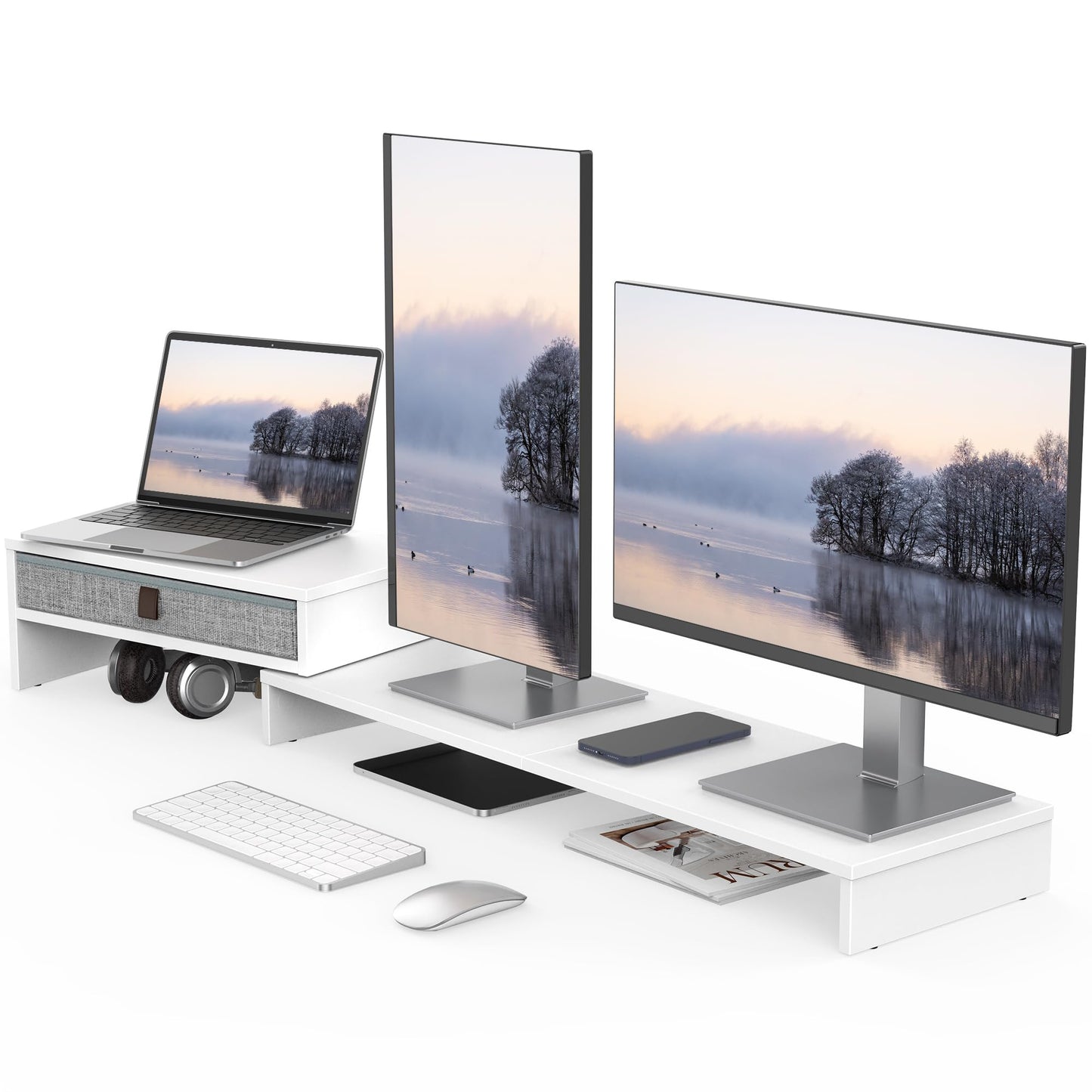 Fenge Triple Monitor Stand with Srorage Drawer, Adjustable Length and Angle