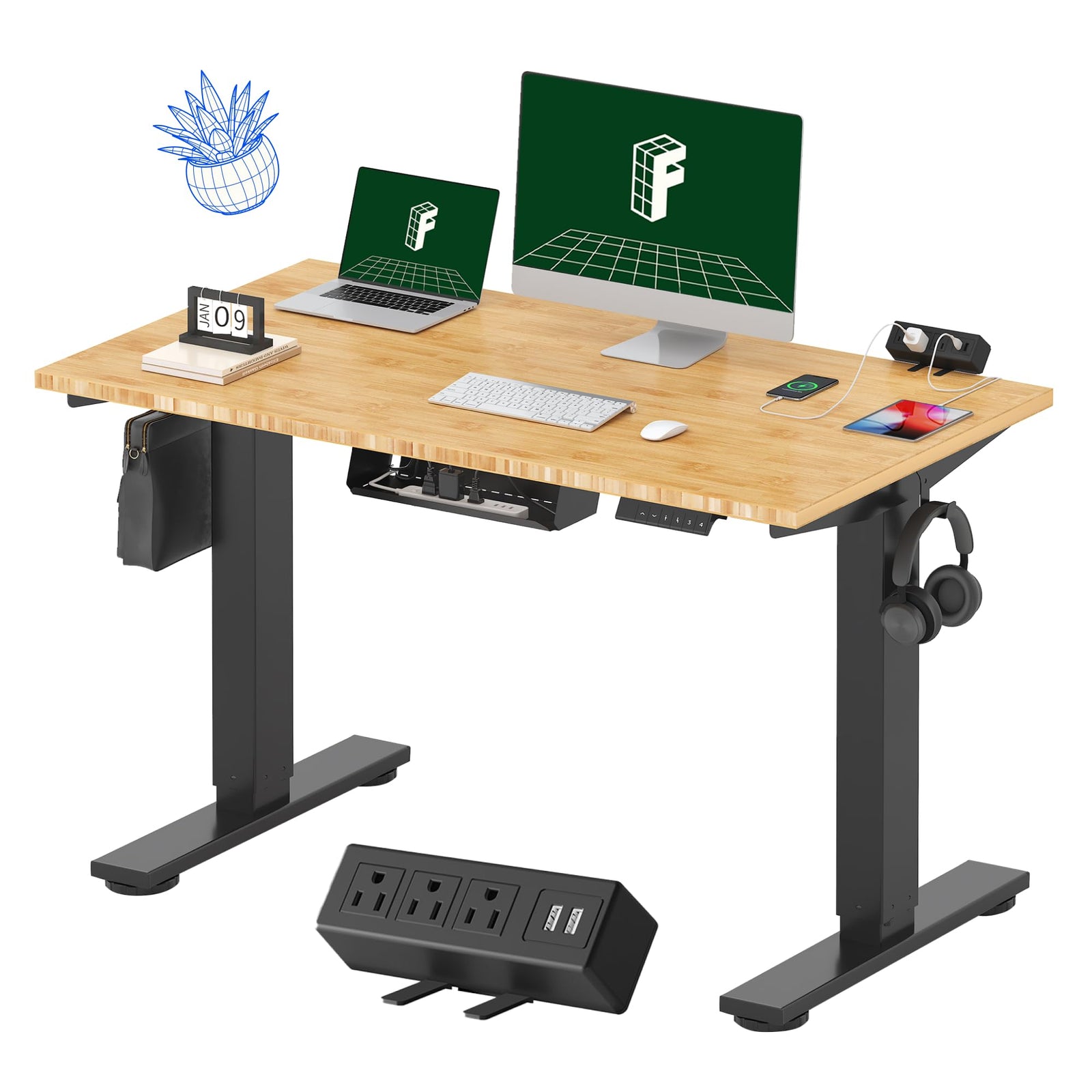 Height Adjustable Standing Desk with Cable Management & Power Hub