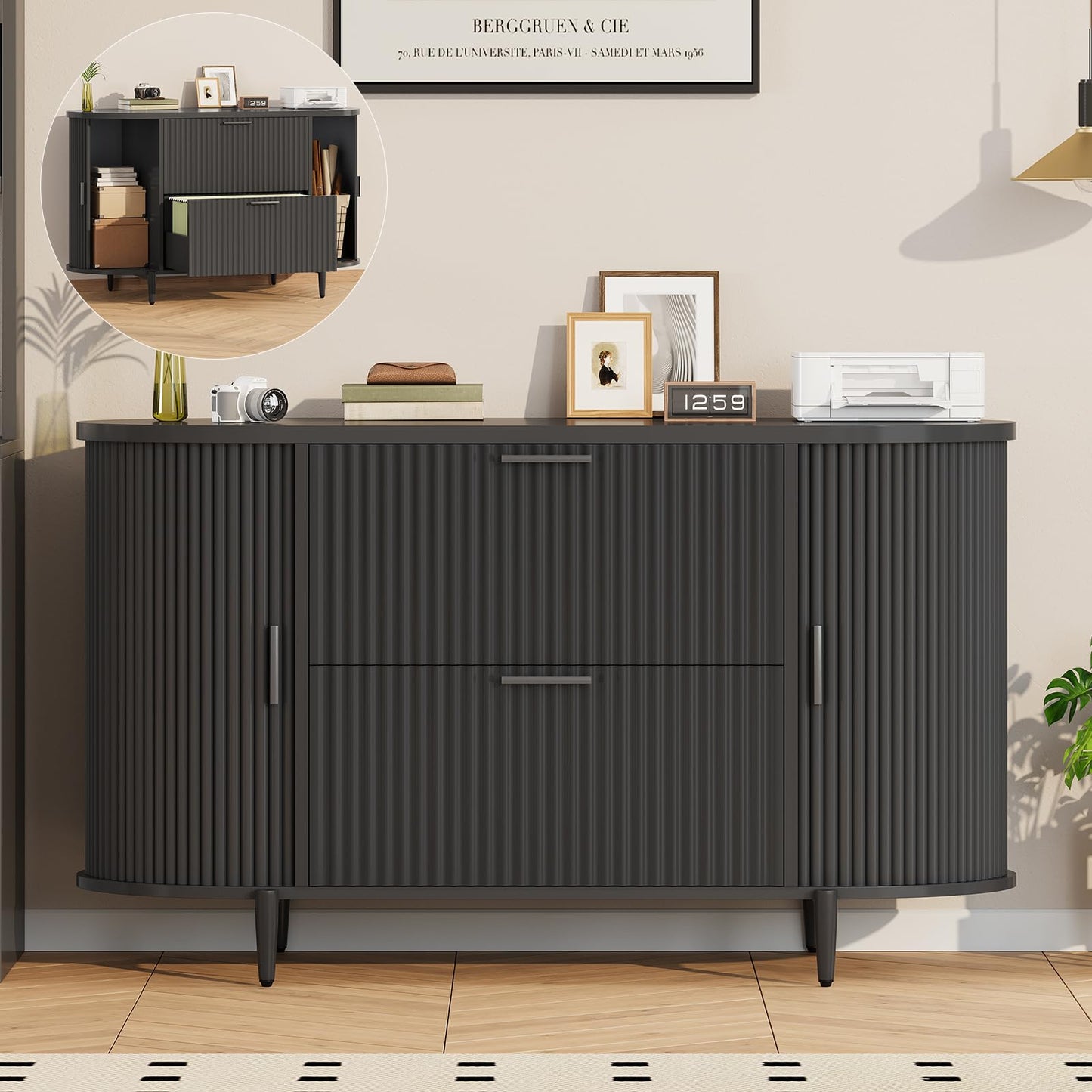 Modern 2 Drawer File Cabinet with Printer Stand & Storage