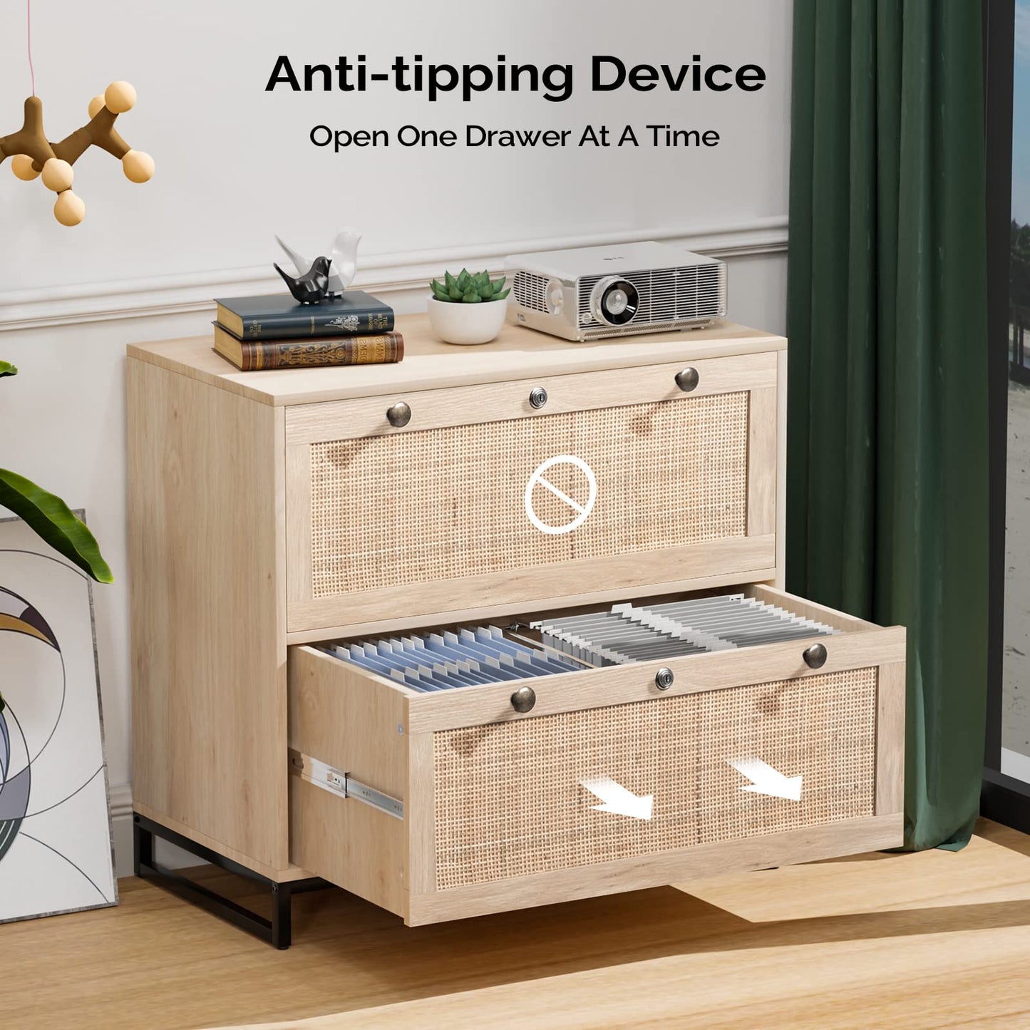 VINGLI Rattan 2 Drawer Lateral File Cabinet with Lock