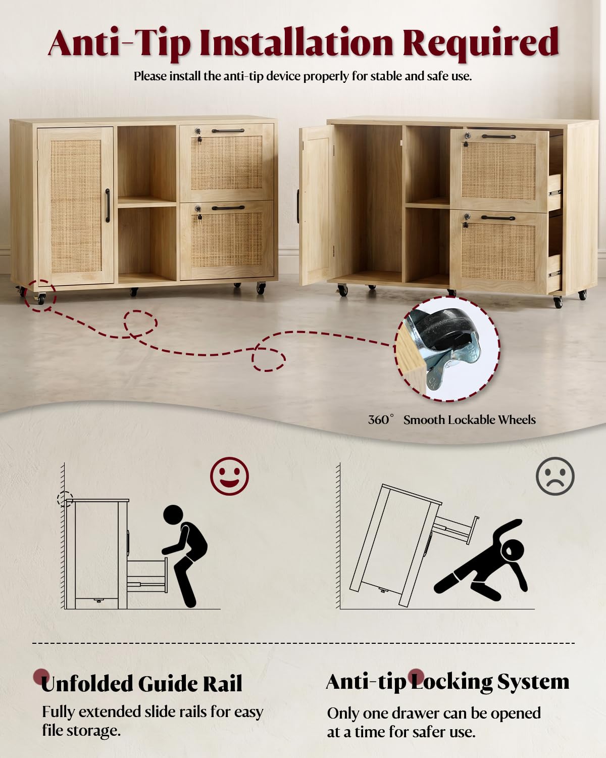 Drawer File Cabinet with Lock, Small Rattan Filing Cabinets with Wheels