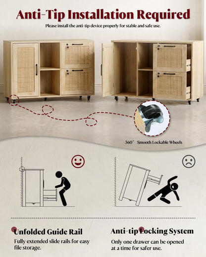 Drawer File Cabinet with Lock, Small Rattan Filing Cabinets with Wheels