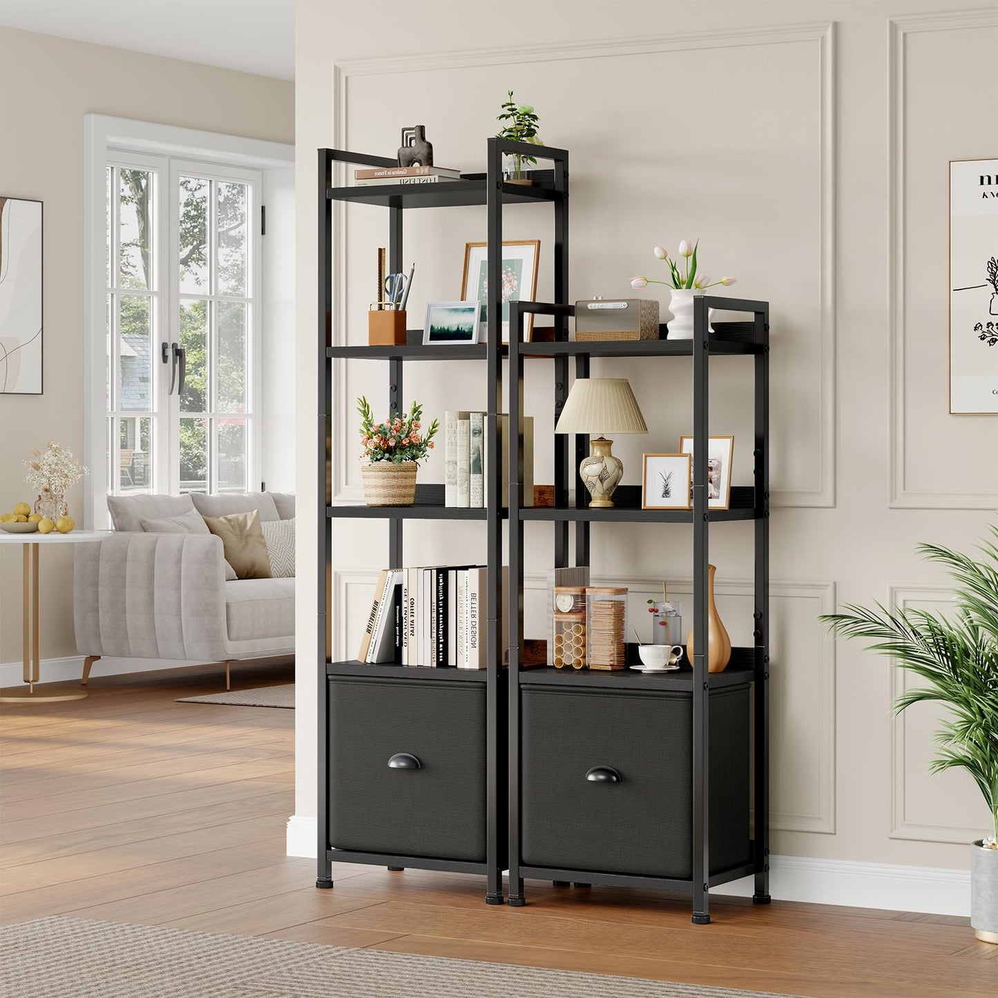 DUMOS 5 Tier Bookshelf with Fabric Drawer, Display Standing Shelf, Black