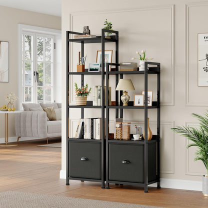 DUMOS 5 Tier Bookshelf with Fabric Drawer, Display Standing Shelf, Black