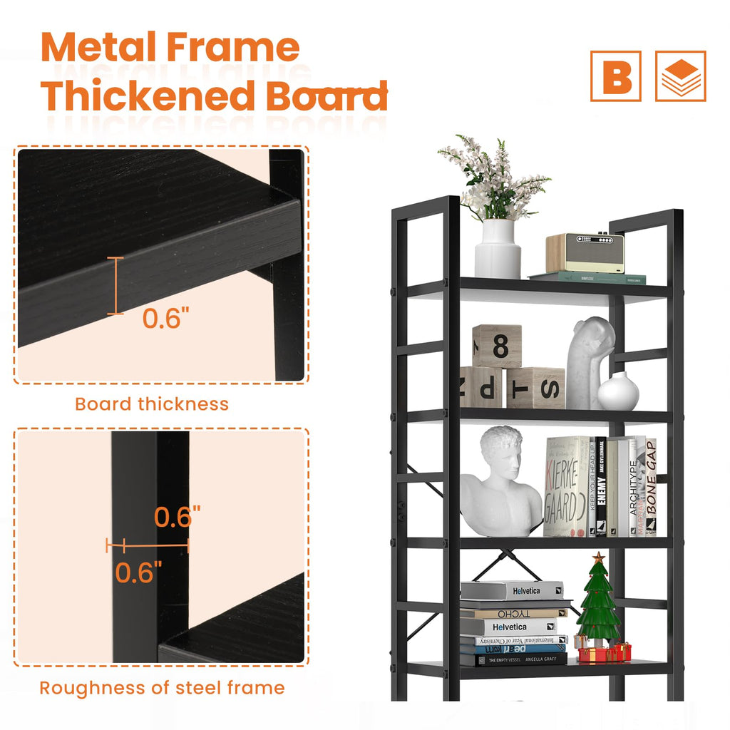 5 Tier Industrial Bookshelf for Home Office Storage Organization