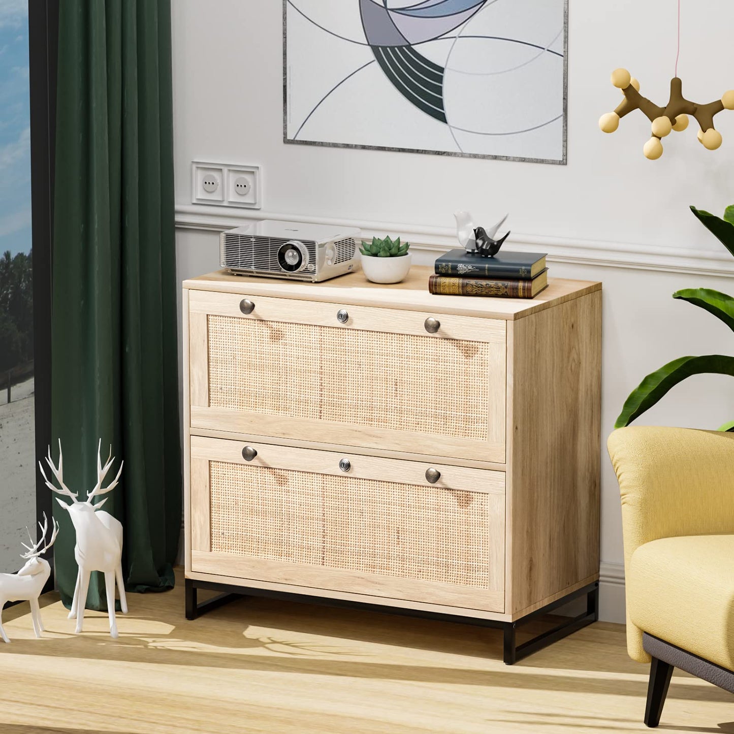 VINGLI Rattan 2 Drawer Lateral File Cabinet with Lock