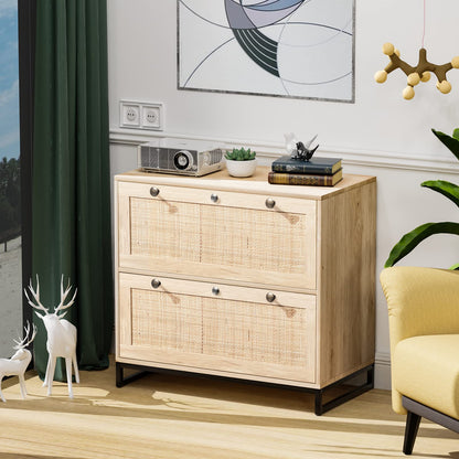 VINGLI Rattan 2 Drawer Lateral File Cabinet with Lock