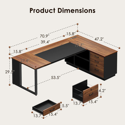 AODK 71 Inch L Shaped Executive Desk with Storage, Walnut+ Black