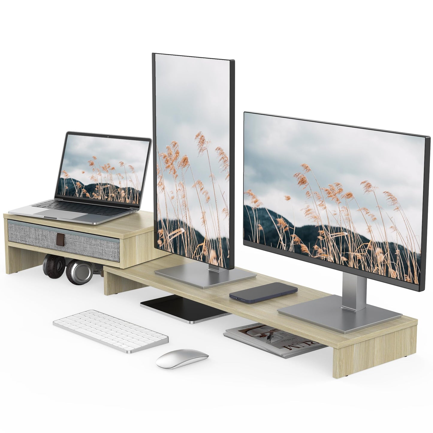 Fenge Triple Monitor Stand with Srorage Drawer, Adjustable Length and Angle