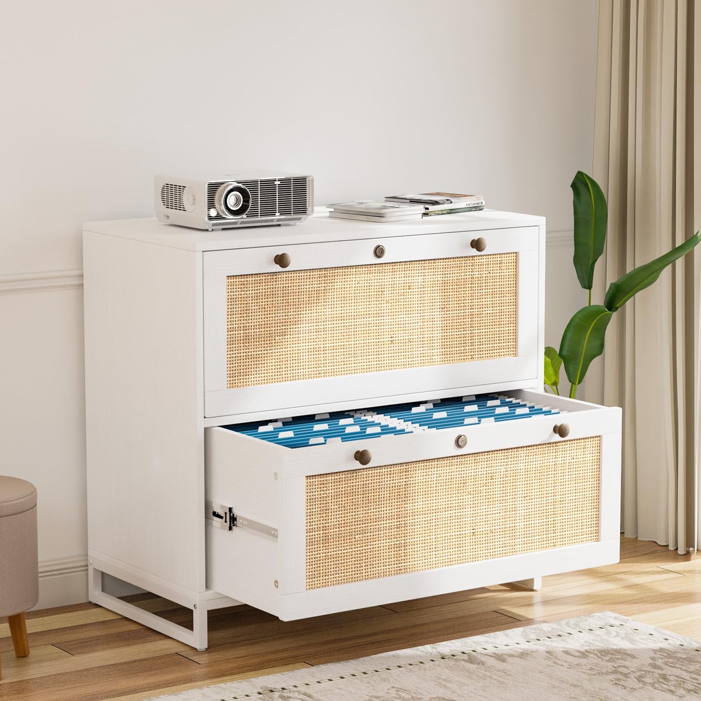 VINGLI Rattan 2 Drawer Lateral File Cabinet with Lock