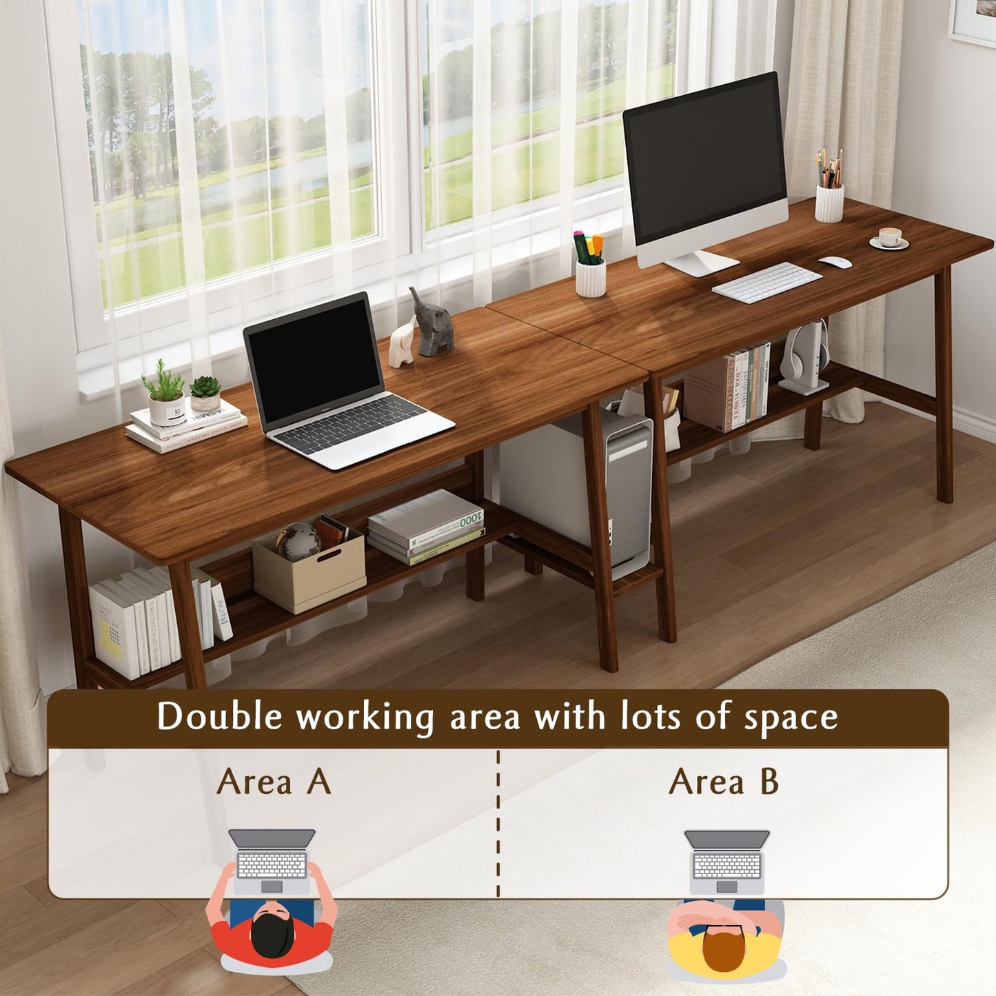 Long Office Desk with Storage Shelves for Dual Workstations