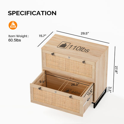 VINGLI Rattan 2 Drawer Lateral File Cabinet with Lock