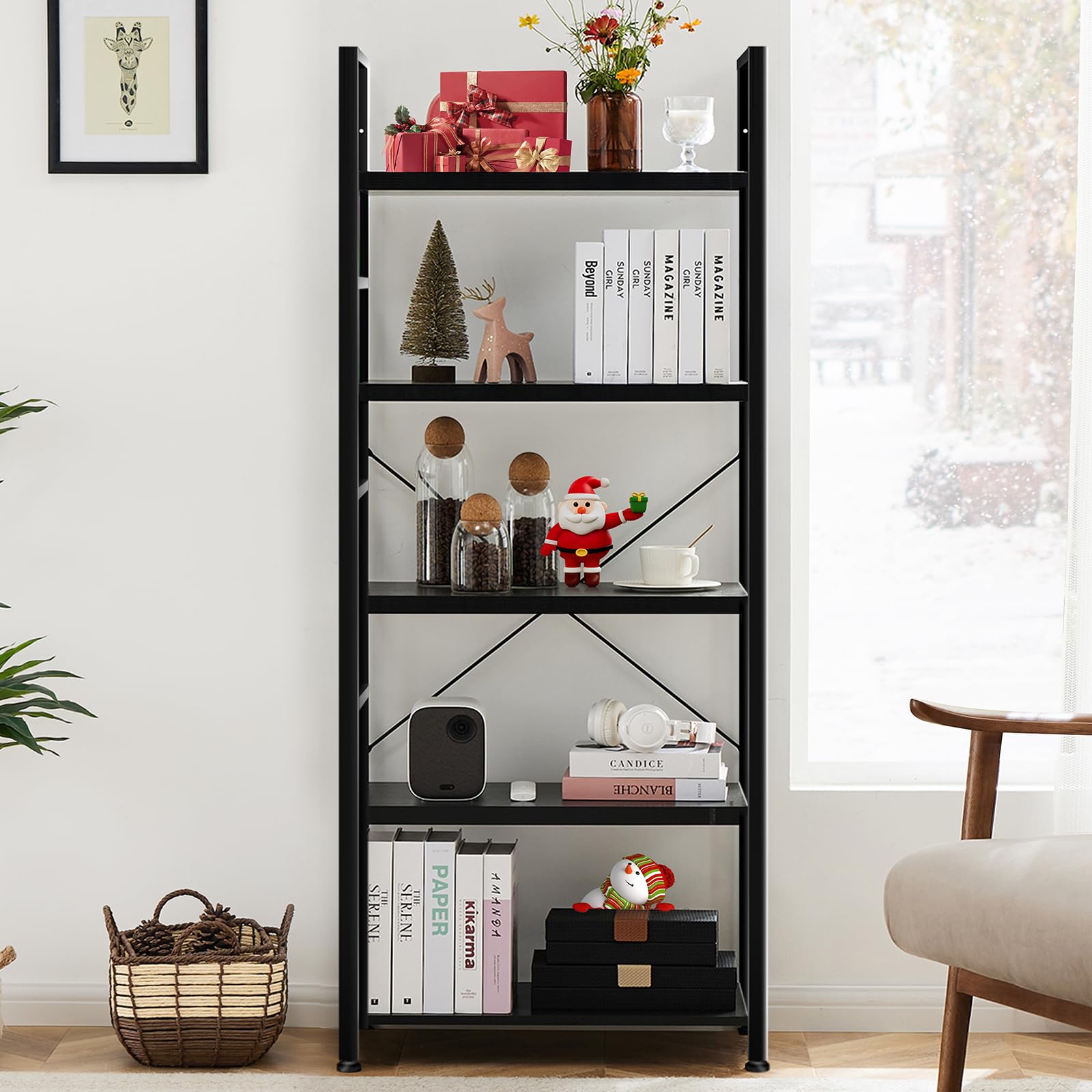 5 Tier Industrial Bookshelf for Home Office Storage Organization
