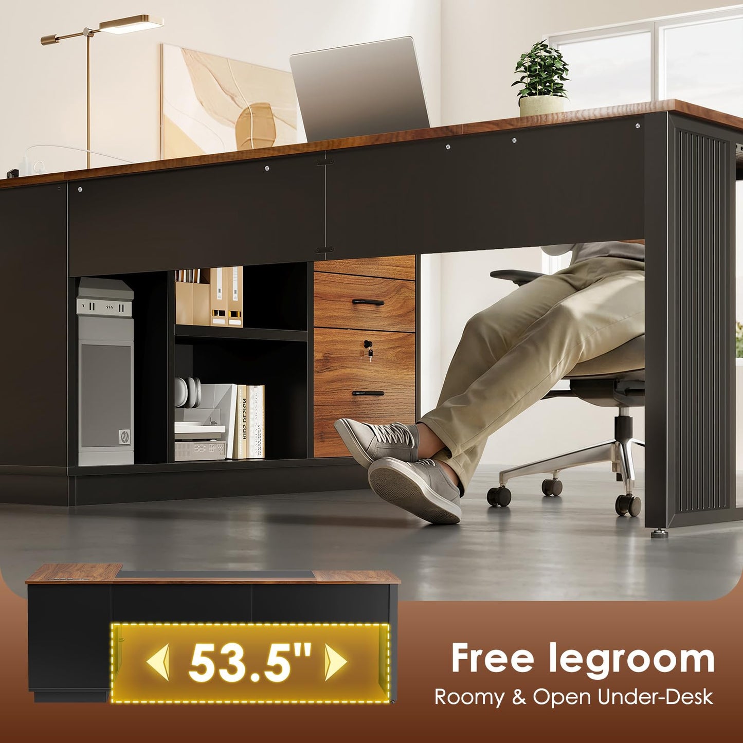 AODK 71 Inch L Shaped Executive Desk with Storage, Walnut+ Black