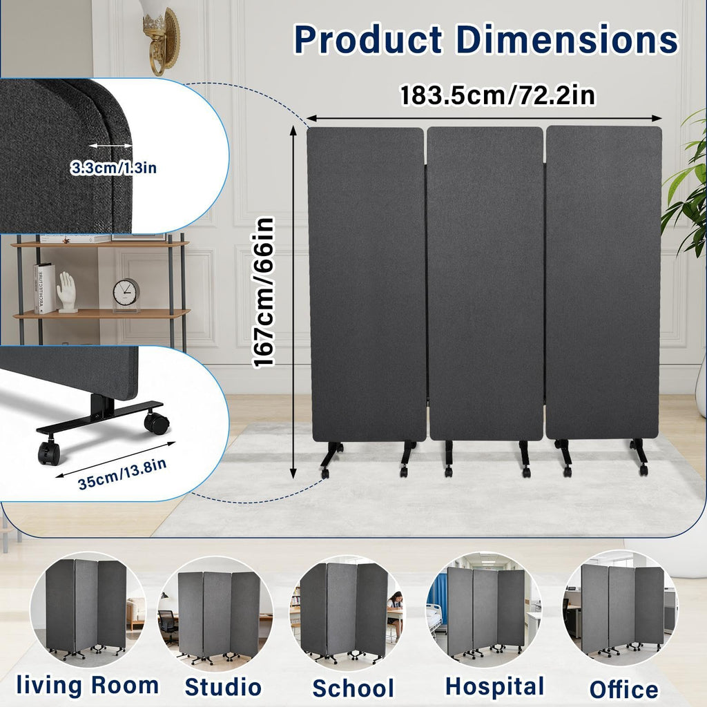 3-Panel Portable Office Partition,Mobile Acoustic Wall Divider with Wheels
