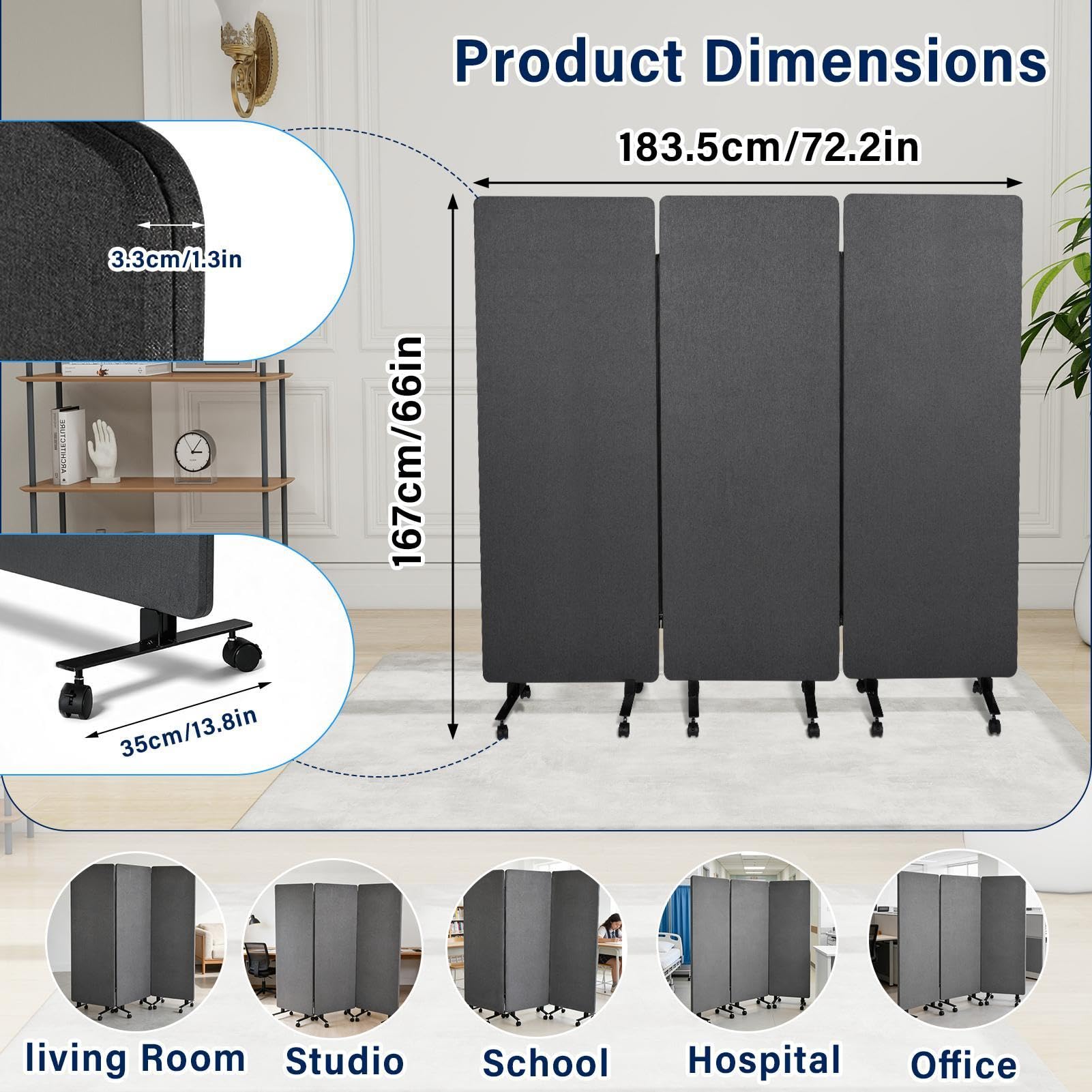 3-Panel Portable Office Partition,Mobile Acoustic Wall Divider with Wheels