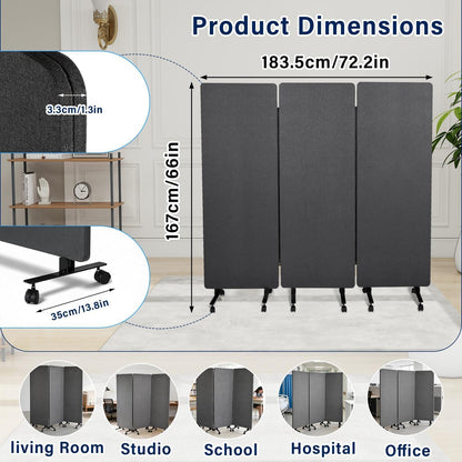3-Panel Portable Office Partition,Mobile Acoustic Wall Divider with Wheels