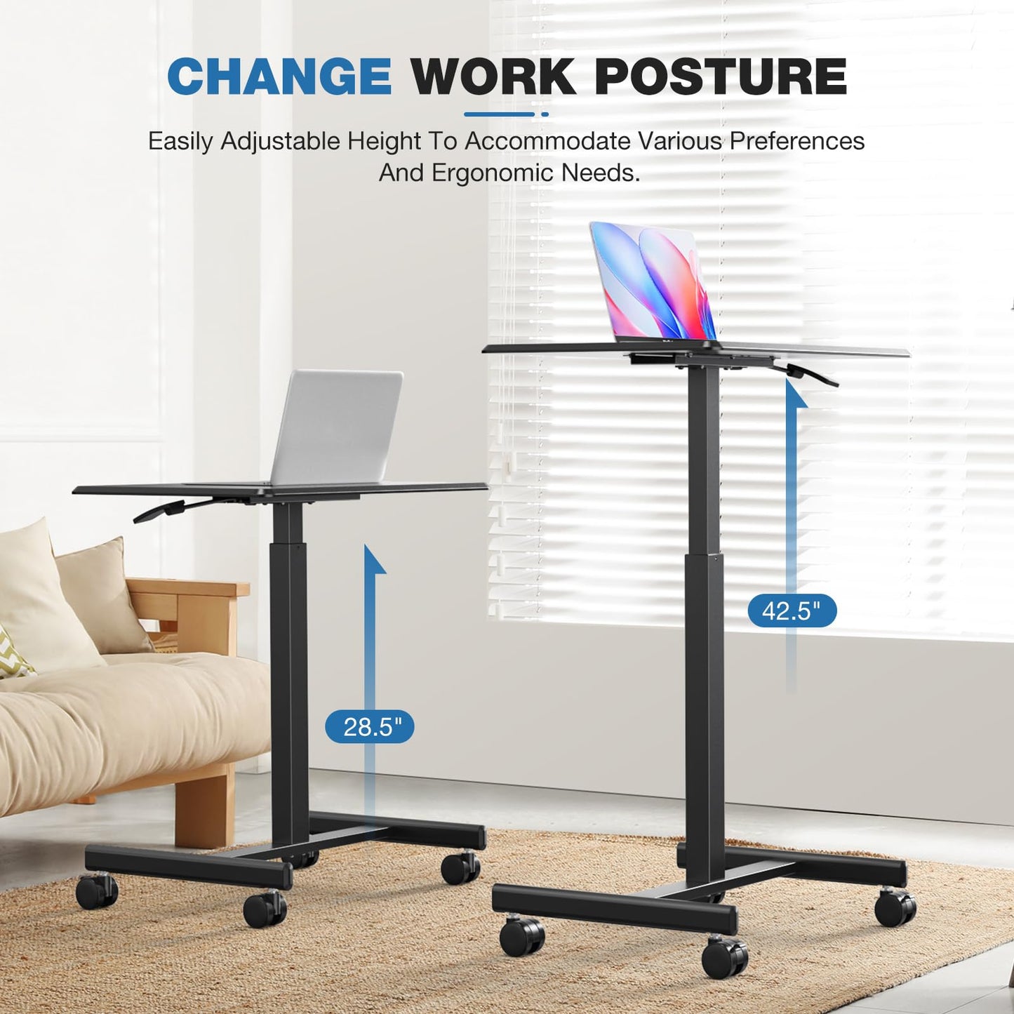 DUMOS Mobile Rolling Desk with Wheels Adjustable Height