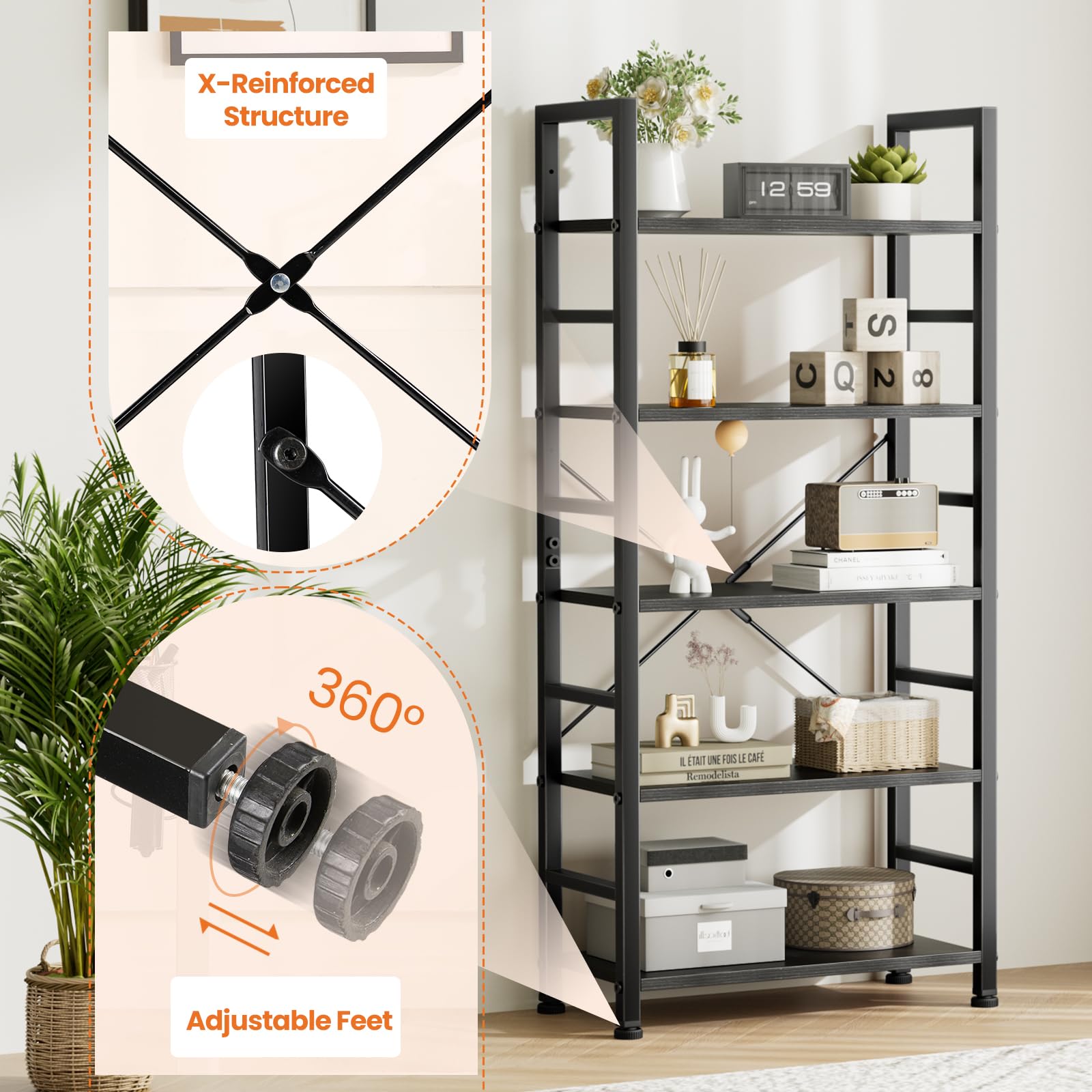 5 Tier Industrial Bookshelf for Home Office Storage Organization