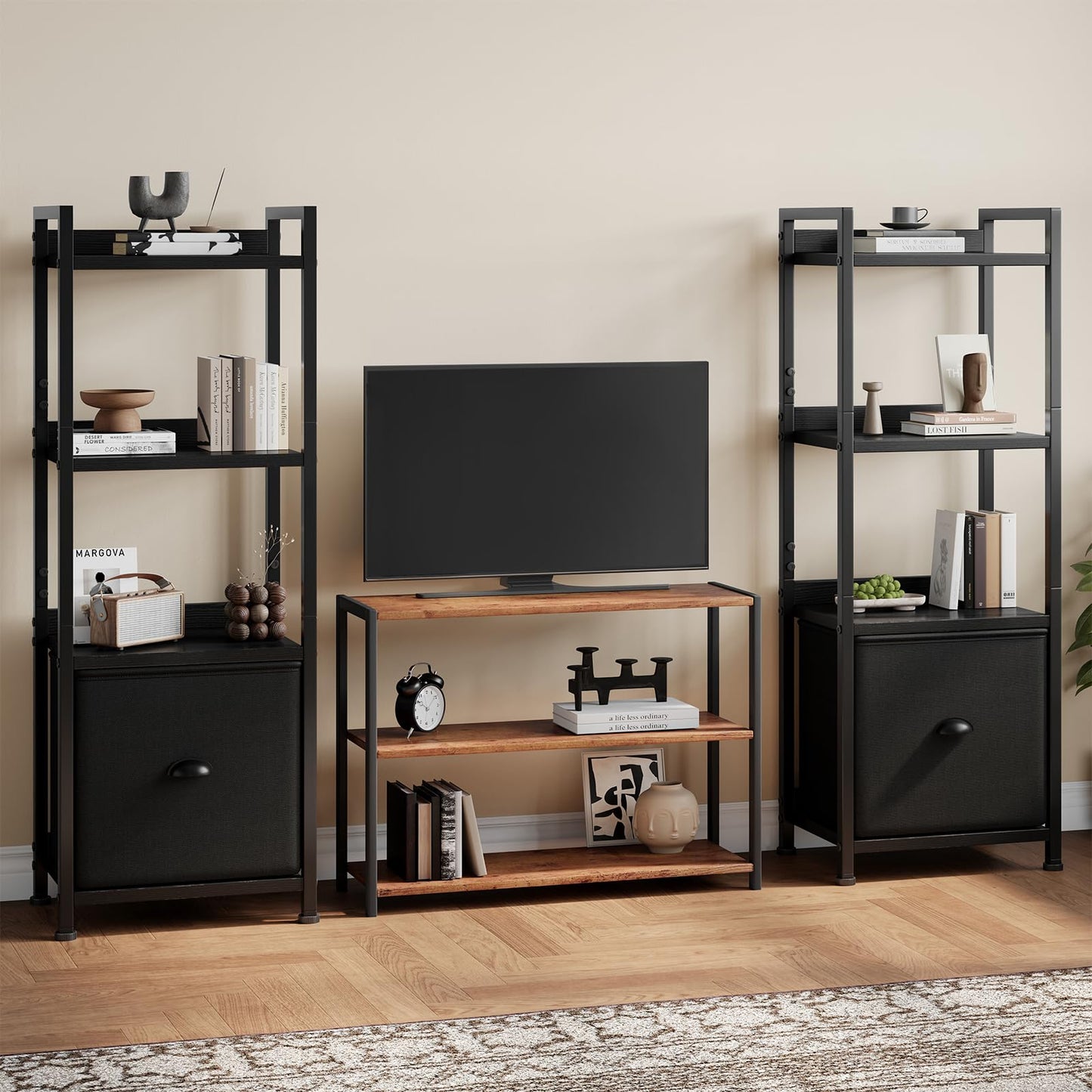 DUMOS 5 Tier Bookshelf with Fabric Drawer, Display Standing Shelf, Black