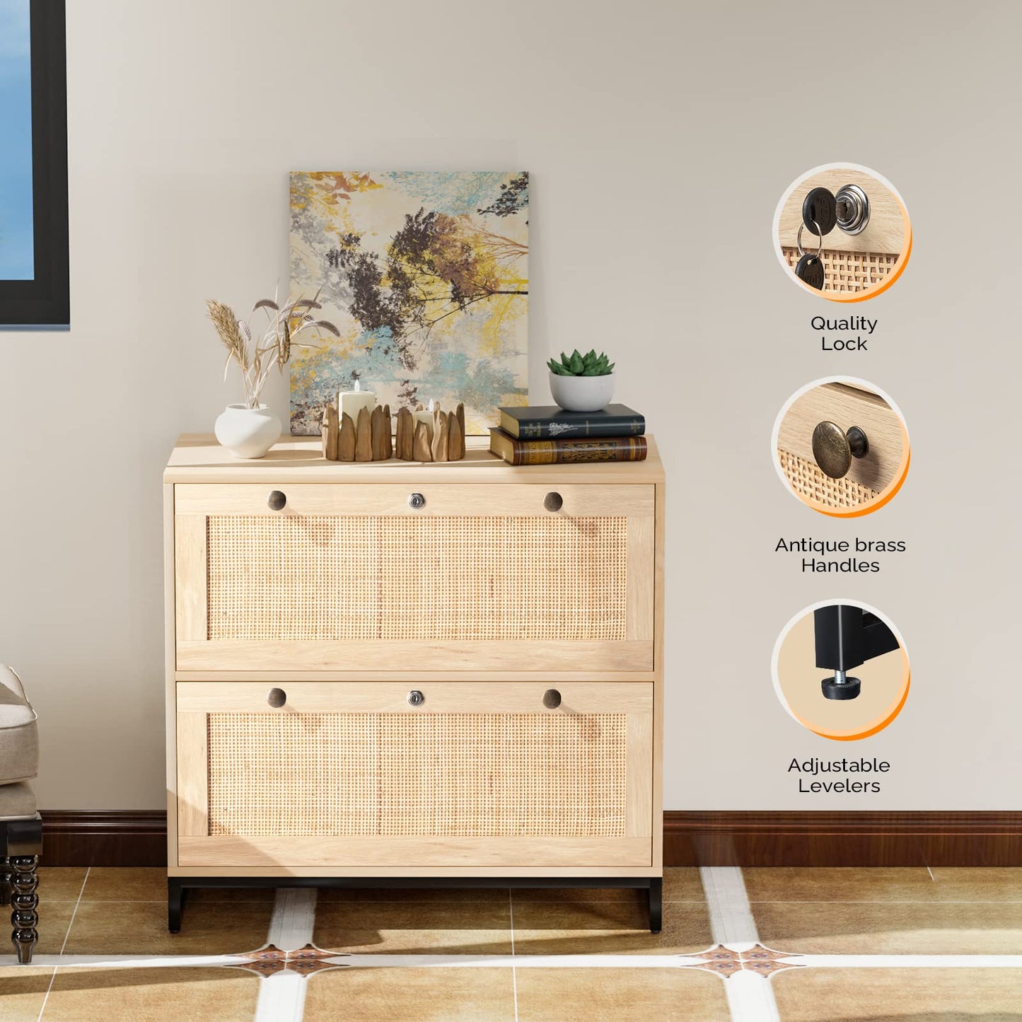 VINGLI Rattan 2 Drawer Lateral File Cabinet with Lock