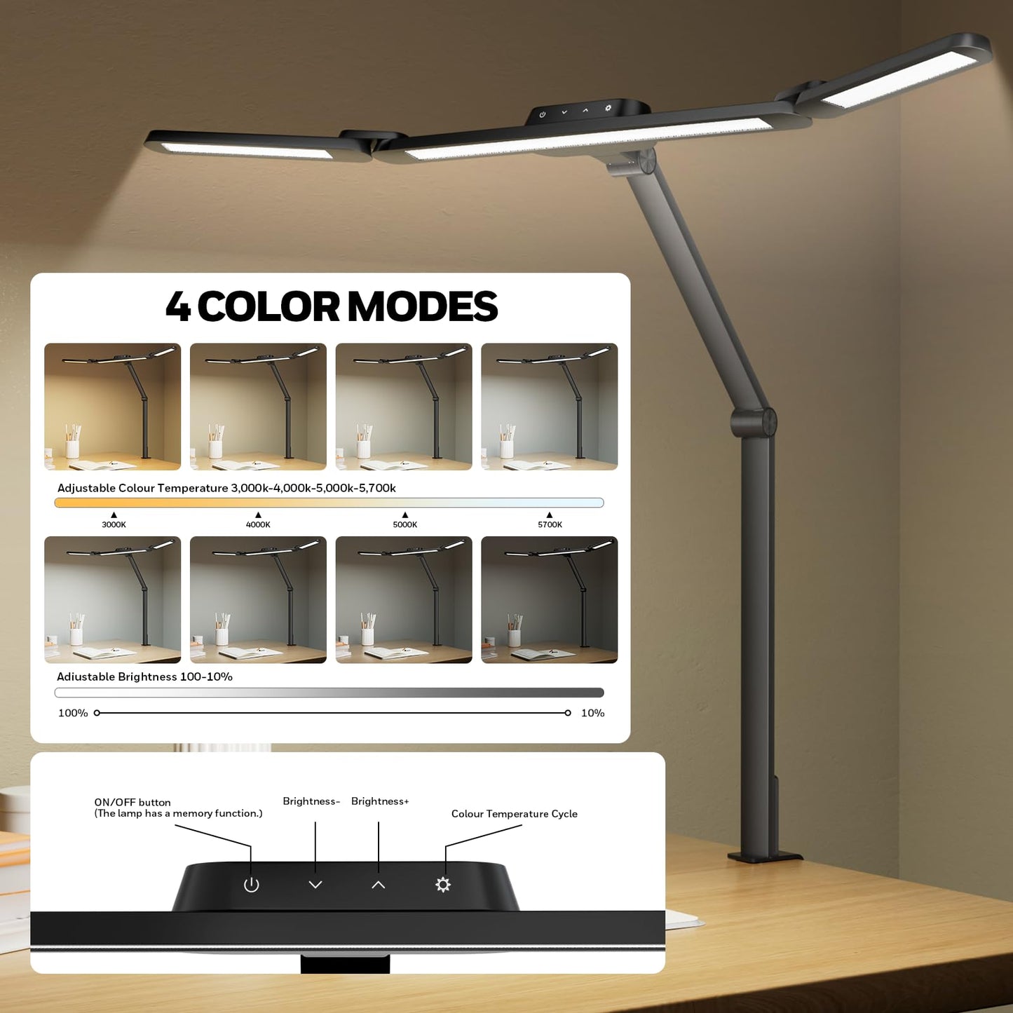 Wide LED Desk Lamp with Clamp Mount & Adjustable Lighting