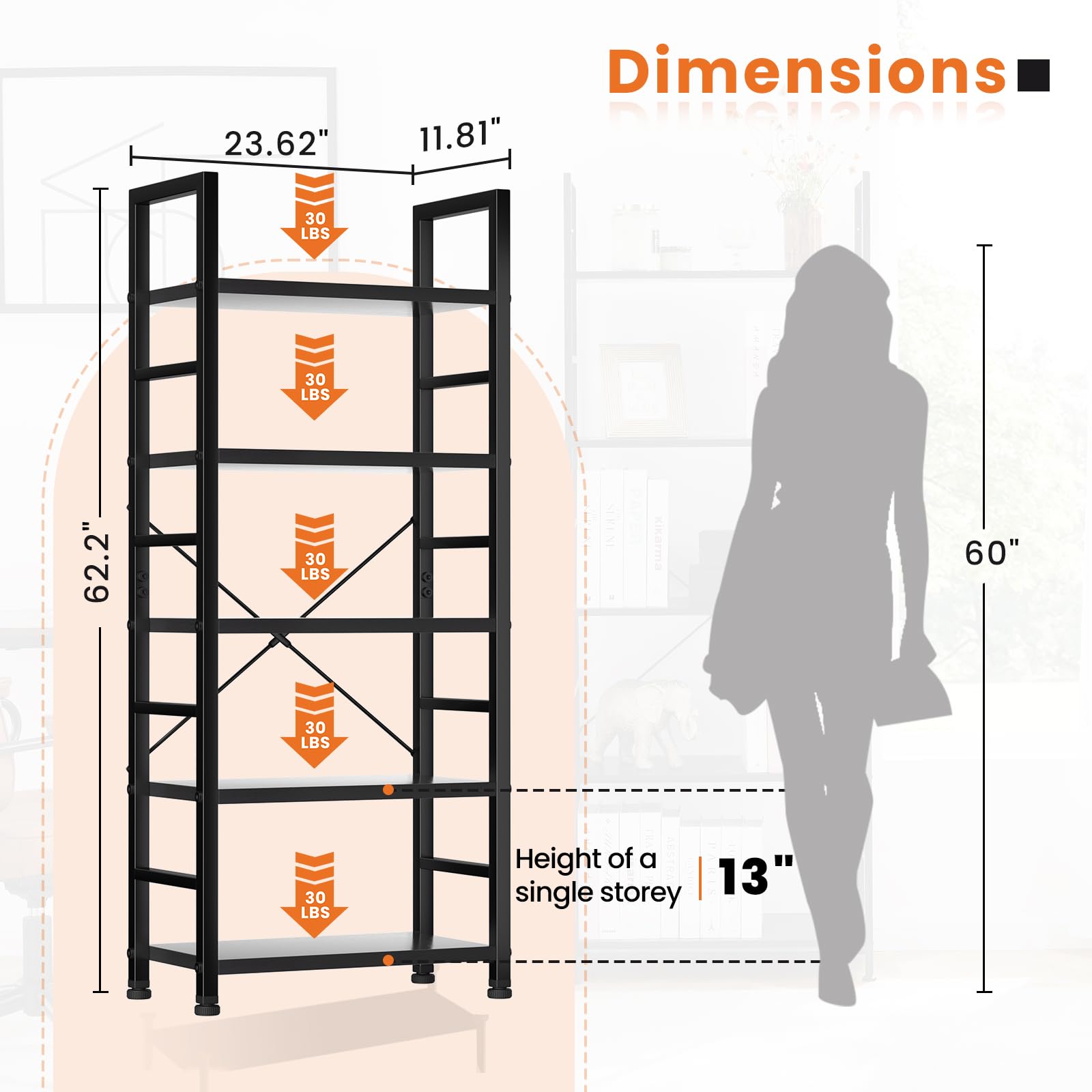 5 Tier Industrial Bookshelf for Home Office Storage Organization