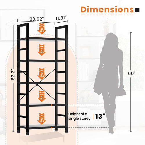 5 Tier Industrial Bookshelf for Home Office Storage Organization