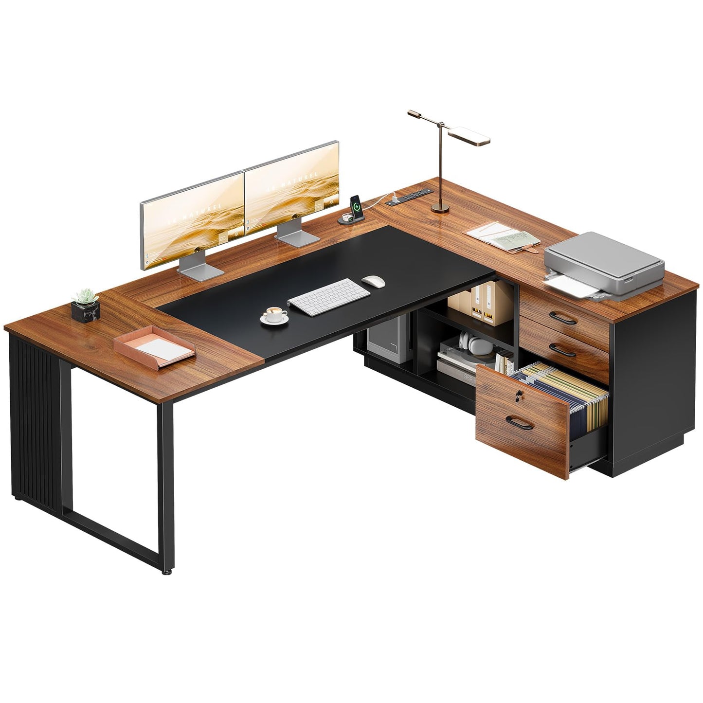 AODK 71 Inch L Shaped Executive Desk with Storage, Walnut+ Black