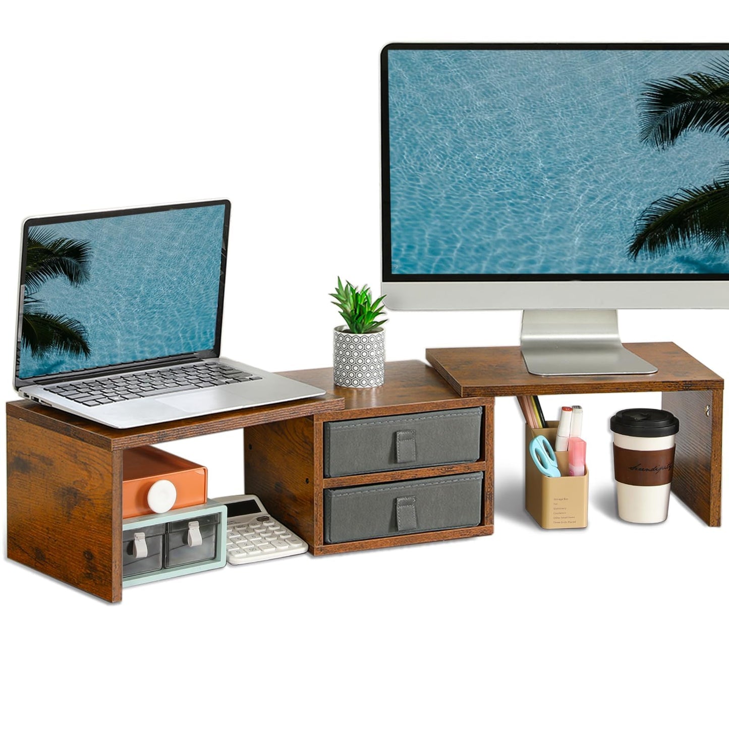 Dual Monitor Riser with Storage Drawers & Adjustable Design
