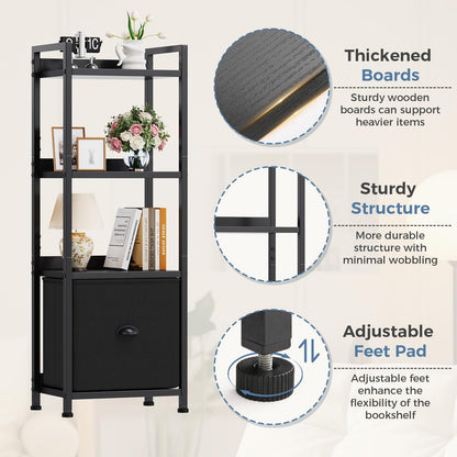 DUMOS 5 Tier Bookshelf with Fabric Drawer, Display Standing Shelf, Black