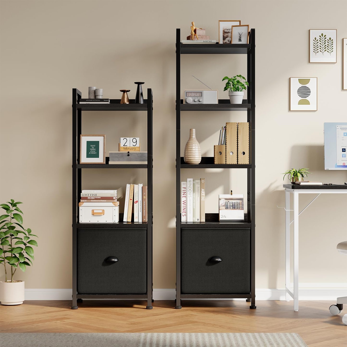 DUMOS 5 Tier Bookshelf with Fabric Drawer, Display Standing Shelf, Black
